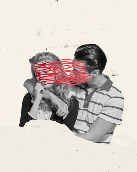 家庭问题 年轻夫妇在恋爱拥抱 人类情感 关系的概念 当代艺术拼贴 想法和创造力 简约的设计风格 — 图库照片