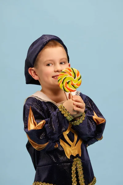 Sweets Cute Little Charming Boy Costume Medieval Pageboy Little Prince — Stock Photo, Image