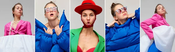 Collage Mujer Joven Con Ropa Brillante Elegante Aislada Sobre Fondo — Foto de Stock