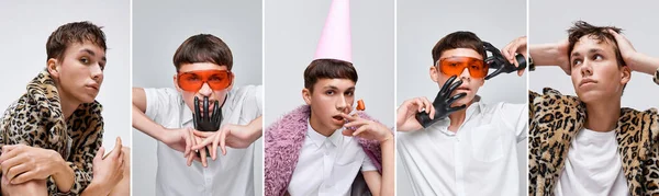 Collage Jeune Homme Élégant Vêtements Mode Isolé Sur Fond Gris — Photo