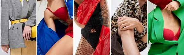 Collage Beskurna Bilder Manliga Och Kvinnliga Kroppar Ljusa Snygga Kläder — Stockfoto