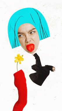 Çağdaş sanat kolajı. Garip insanlar kavramı, pop sanatı, yaratıcılık, sürrealizm, hayal gücü. Çılgın soyut tasarımı olan poster.