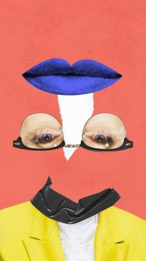 Kadınların yaratıcı portresi. Çağdaş sanat kolajı. Garip insanlar kavramı, pop sanatı, yaratıcılık, sürrealizm, hayal gücü. Çılgın soyut tasarımı olan poster.