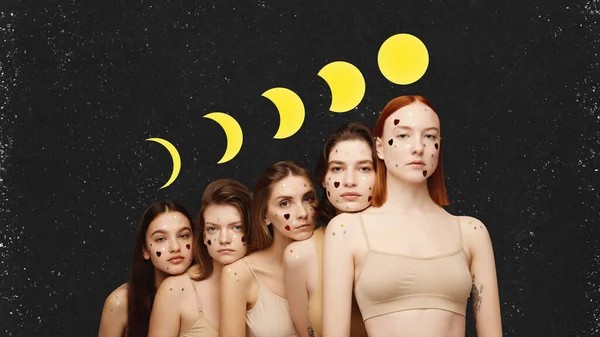 Life energy and stages of growth of moon. Contemporary surreal art collage. Young women standing with moon goddess symbol isolated over black. Dark mode background