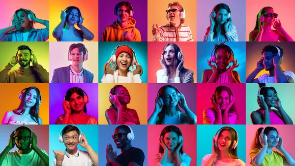 Music. Emotions and facial expressions. Collage of ethnically diverse young people listening to music over multicolored background in neon light. Concept of happiness, youth, motivation and ad.