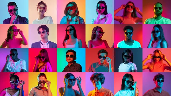 Duygular Farklı Etnik Çeşitlilikte Genç Insanların Kolajı Neon Işıkta Farklı — Stok fotoğraf