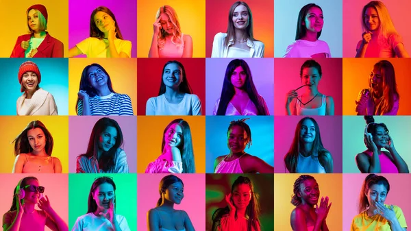 Känslor Och Ansiktsuttryck Collage Etniskt Olika Unga Kvinnor Som Uttrycker — Stockfoto
