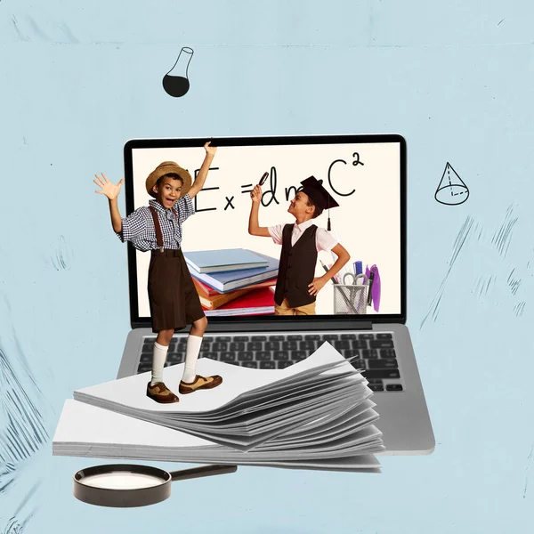 Home school or online learning concept, kid boy studying online at home near big laptop. Education and back to school. Use for web banner, website, mobile app. Contemporary art collage or design