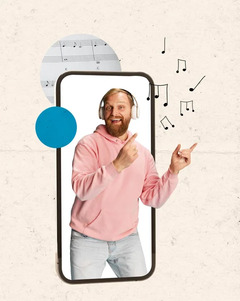 Άνθρωπος Στο Smartphone Ακουστικά Podcast Ραδιοφωνική Μετάδοση Μουσική Κόμμα Audio — Φωτογραφία Αρχείου