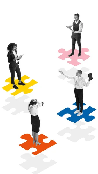 現代美術のコラージュ パートナーシップ オフィス ビジネス キャリア モチベーション チームワークの概念 異なるパズルの人々 — ストック写真
