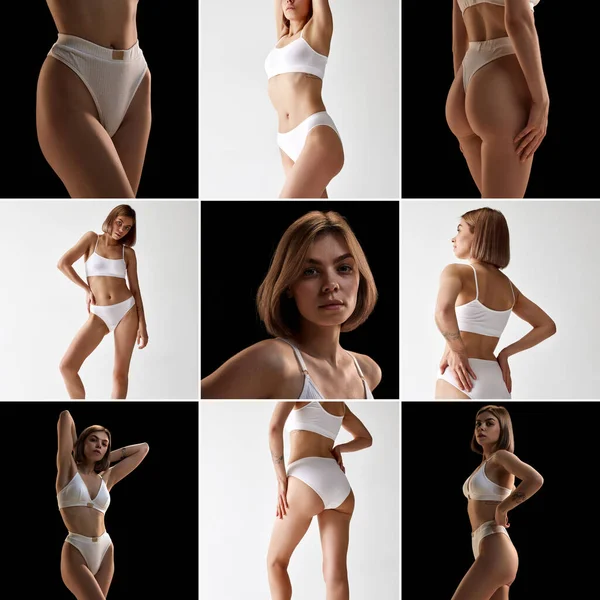 Collage Gemaakt Van Portretten Van Jonge Mooie Vrouw Ondergoed Poserend — Stockfoto