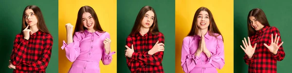 悲伤和恐惧 由一个模型肖像组成的学院 在绿色和黄色背景下表达不同情感的年轻女孩 — 图库照片