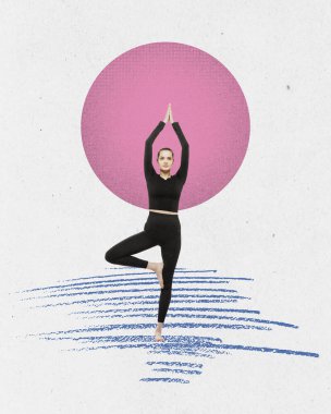 Çağdaş sanat kolajı. Spor kıyafetli genç bir kız yoga pozisyonunda duruyor, pratik yapıyor, dinleniyor. Sakin zihin ve güçlü vücut. Soyut tasarım elementleri. Spor, sağlık, hobi, gençlik, yaşam tarzı kavramı