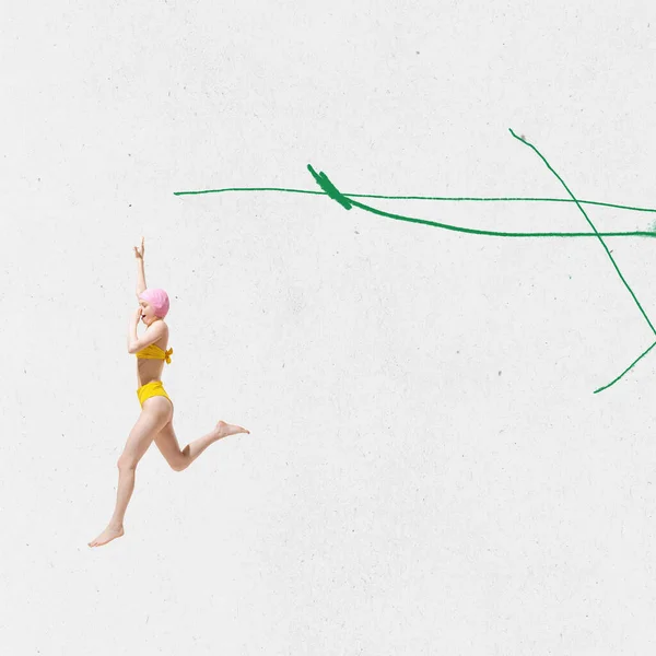Hedendaagse Kunst Collage Jong Meisje Geel Zwempak Pet Springen Het — Stockfoto