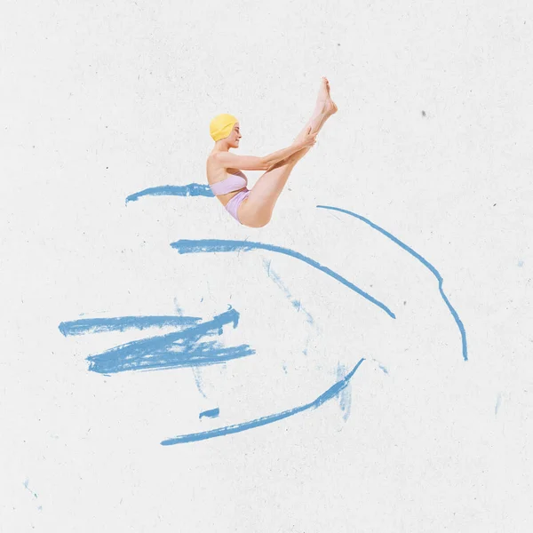 Collage Arte Contemporáneo Chica Joven Traje Baño Colores Saltando Agua —  Fotos de Stock