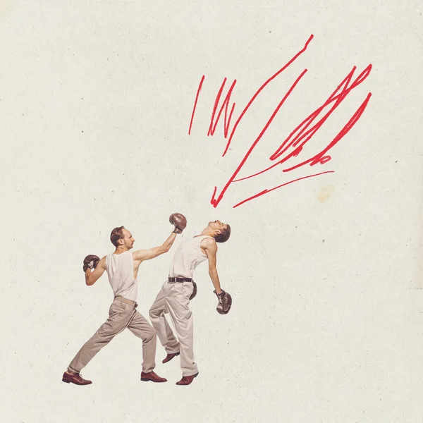 Сучасне Мистецтво Колаж Двоє Молодих Чоловіків Ретро Одязі Борються Боксуючи — стокове фото