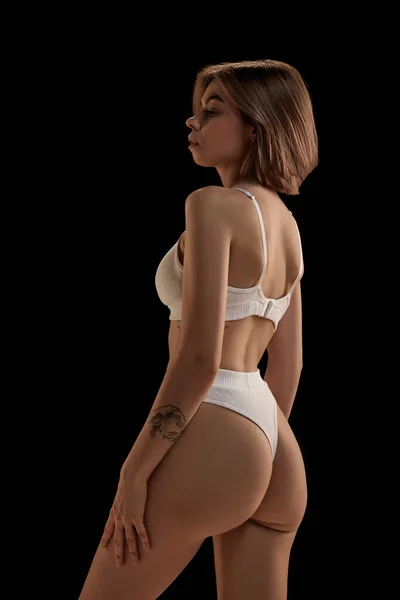 Young Slim Sensual Woman Wearing White Inner Wear Posing Dark — Stock Photo, Image