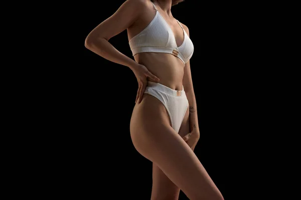 Gehakt Beeld Jonge Slanke Sensuele Vrouw Draagt Witte Binnenkleding Poserend — Stockfoto