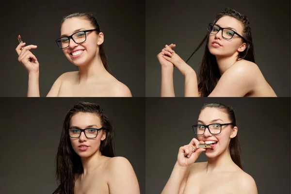Collage Hecho Retratos Cerca Una Hermosa Chica Joven Con Piel —  Fotos de Stock