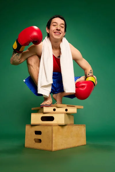 Happiness Joyful Portrait Young Boxer Boxing Gloves Squatting Posing Green — Stock Photo, Image