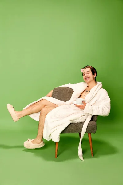Relax Time Portrait Relaxing Young Man Wearing White Robe Sitting — Stock Photo, Image