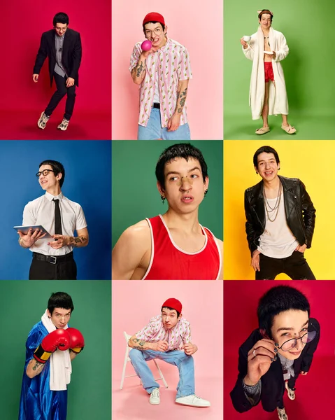 Koláž Portrétů Mladého Muže Různých Módních Stylech Vyobrazení Barevném Pozadí — Stock fotografie