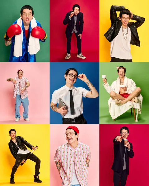 Hobbys Musik Sport Collage Von Porträts Junger Männer Verschiedenen Modestilen — Stockfoto