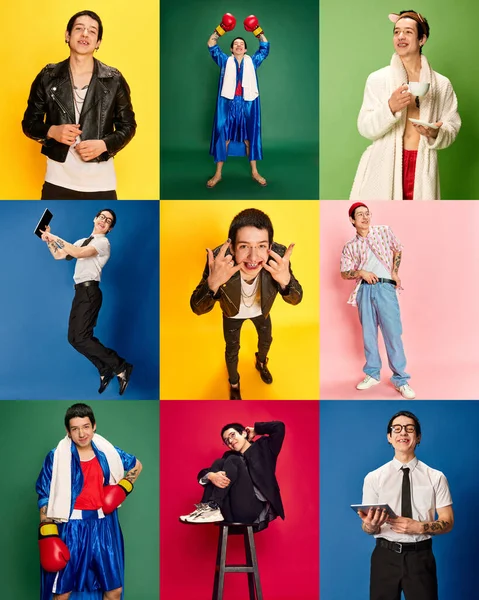 Набор Портретов Молодого Человека Разных Стилях Одежды Изображений Цветном Фоне — стоковое фото