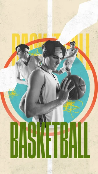 若いバスケットボール選手やレタリングバスケットボールの肖像とレトロなスタイルのポスター 現代美術のコラージュ ポスター 創造性 エネルギー スポーツ 広告の概念 — ストック写真