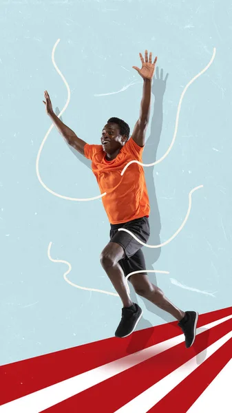 Живой Африканский Футболист Бегает Поднятыми Руками Радуется Победе Коллаж Современного — стоковое фото