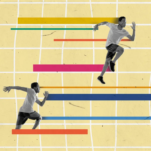 Wyścig Sztafetowy Dwóch Biegaczy Biegacze Ruchu Kolorowym Tle Abstrakcyjnymi Elementami — Zdjęcie stockowe