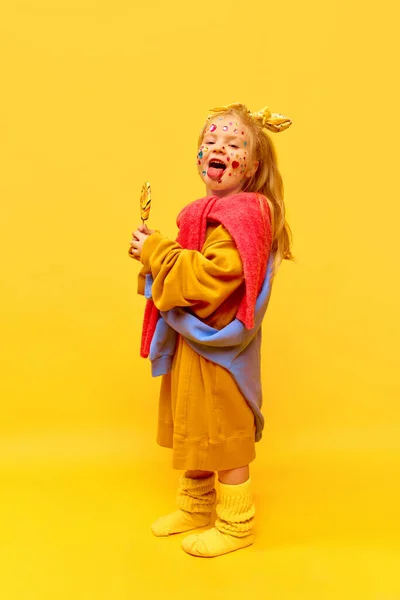 Happiness Full Length Photo Funny Little Girl Lollipop Showing Tongue — Stock Photo, Image