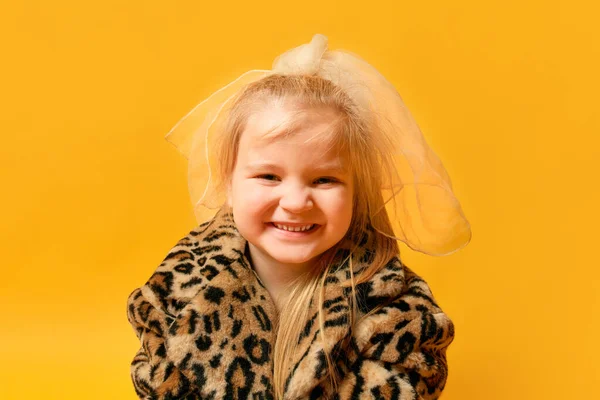 Cheerful Happiness Portrait Little Stylish Girl Wearing Bow Leopard Coat — Stock Photo, Image