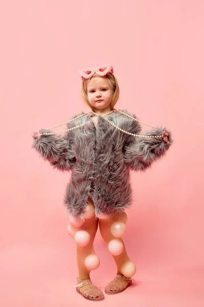 Full Length Photo Little Stylish Blond Girl Wearing Fur Coat — Stock Photo, Image