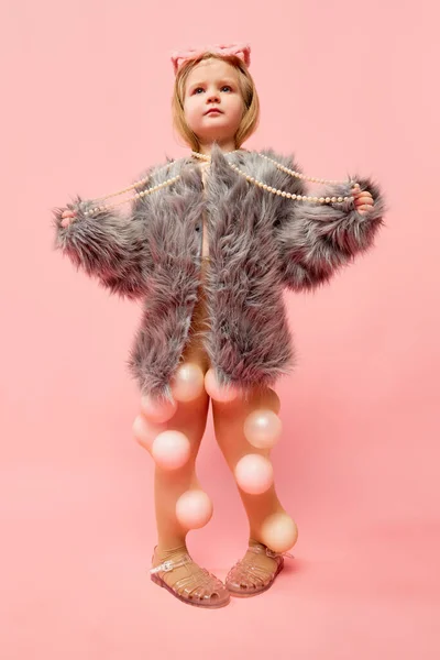 Full Length Photo Little Stylish Blond Girl Wearing Fur Coat — Stock Photo, Image