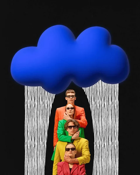 雨の雲の下で悲しい顔を持つ動揺チームの現代美術のコラージュは ビジネス 一時的な困難 サポートの問題を象徴する チームビルディングの概念 道徳的圧力 適切な解決策を見つける — ストック写真