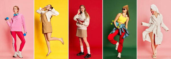 Счастье, спокойствие, мечтательность. Коллаж, выполненный из портретов эмоциональной молодой девушки в разных стилях одежды поверх цветного фона. Концепция счастья, позитивных эмоций, образования, спорта