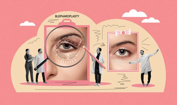 Lower blepharoplasty of eyelid , before and after. Plastic eyelid surgery. plastic surgery procedures. Doctor evaluates face of woman. Beauty, healthcare concept. Contemporary art collage, design