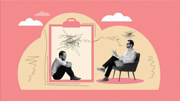 Kolase Seni Kontemporer Desain Pria Memiliki Sesi Dengan Psikolog Berbicara — Stok Foto