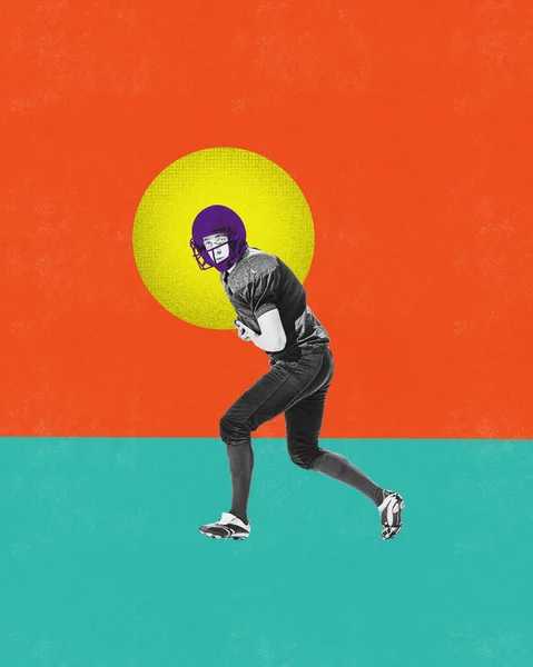 Конкурентный Молодой Человек Американский Футболист Форме Играет Разноцветном Абстрактном Фоне — стоковое фото