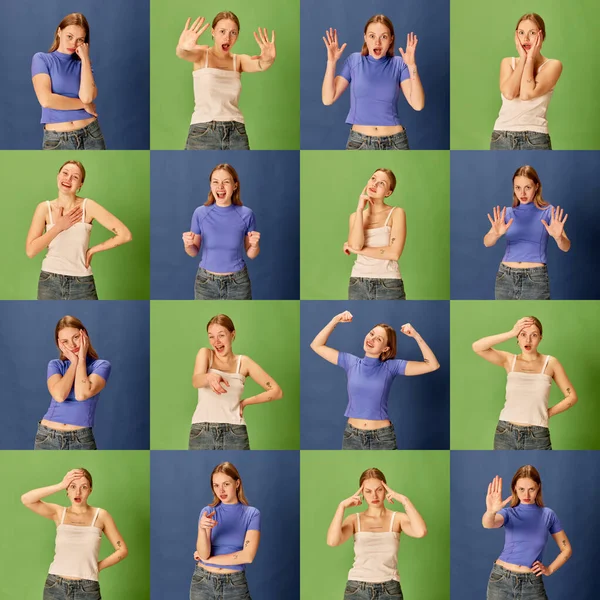 Gezichtsuitdrukkingen Menselijk Gedrag Emotie Concept Collage Gemaakt Van Één Modelportret Stockfoto