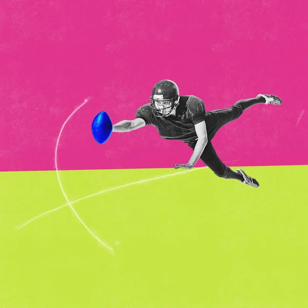 年轻的运动健将 身穿制服的美式足球运动员在粉色绿色背景下接球 当代艺术拼贴 色彩艳丽的设计青年概念 体育生活方式 — 图库照片
