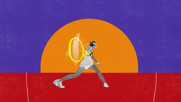 キャップ トレーニング 抽象的な日没の背景でテニスをして白い制服を着た若い女の子 現代美術のコラージュ 鮮やかなカラフルなデザイン 若者の概念 スポーツライフスタイル — ストック写真