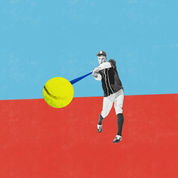 全神贯注的年轻人 在蓝色红色背景下打棒球的运动员 赢了当代艺术拼贴 色彩艳丽的设计青年概念 体育生活方式 — 图库照片