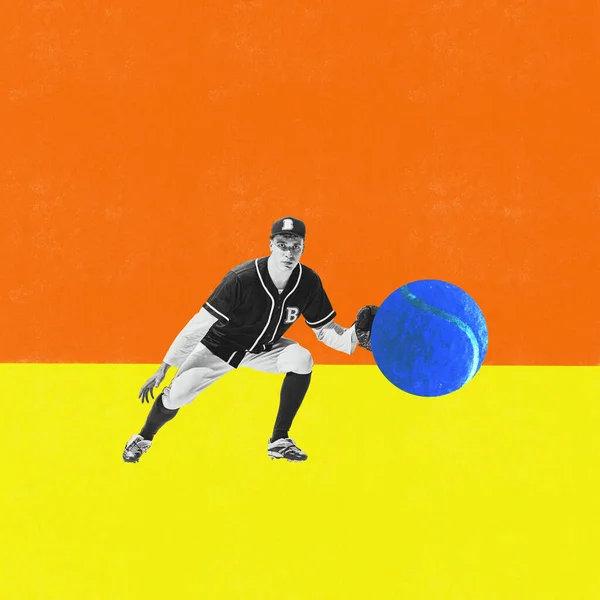 年轻男子 职业棒球运动员 身穿制服 带着手套的接球背景黄色橙色 当代艺术拼贴 色彩艳丽的设计青年 竞争概念 — 图库照片