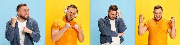 Collage Fatto Ritratti Ravvicinati Uomo Che Esprimono Emozioni Diverse Sfondi — Foto Stock