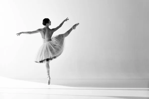 Monochromatyczne Eleganckie Ruchy Jednej Pięknej Baleriny Tańczącej Przyjemnością Tancerka Sukience — Zdjęcie stockowe