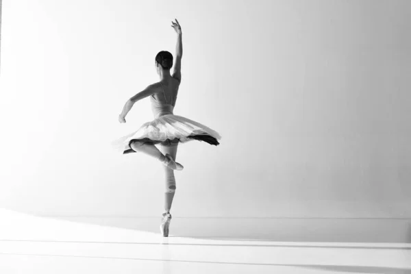 白い背景の上に点の靴の上に立っている間にバレエ要素を示す動きのチュチュのポーズを身に着けているバレリーナ バレエのドレスの女性ダンサー 創造性の概念 — ストック写真