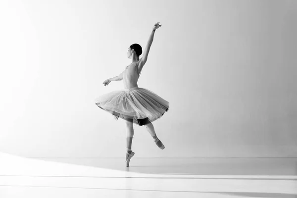 芭蕾舞演员穿着连衣裙在运动中展示芭蕾舞元素 同时站在白色背景的尖鞋上 身着芭蕾舞裙的女舞蹈演员 创造力的概念 — 图库照片