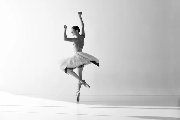 チュチュダンスを身に着けているバレリーナは 白い背景の上に点の靴の上に立っている間 バレエの要素を示します バレエのドレスの女性ダンサー 創造性の概念 — ストック写真